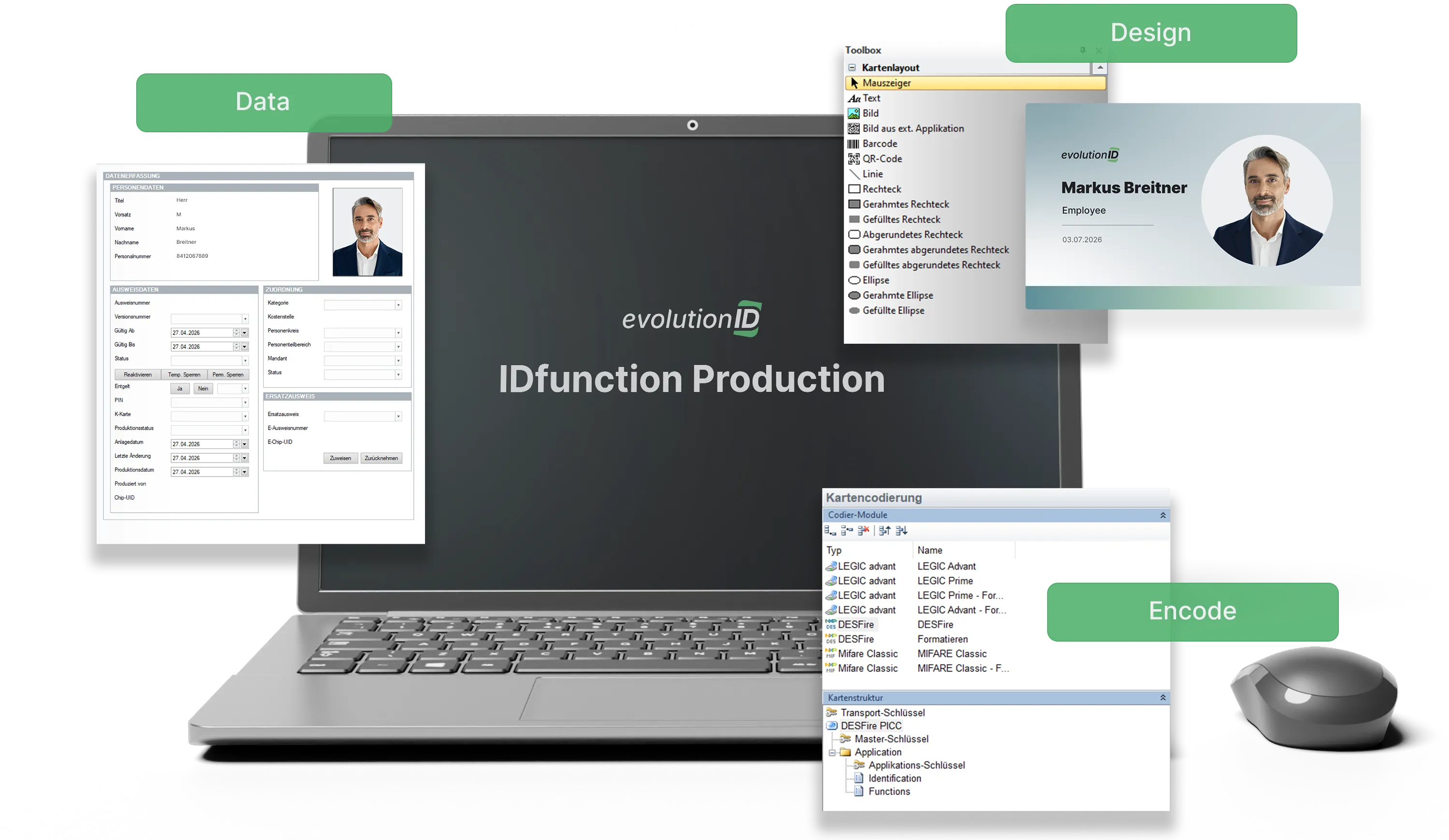 Laptop-Displays von evolutionID: IDfunction Production mit Datenformular-, Ausweisdesign- und Kodierungsmodulen sowie dem entsprechenden Gerät.