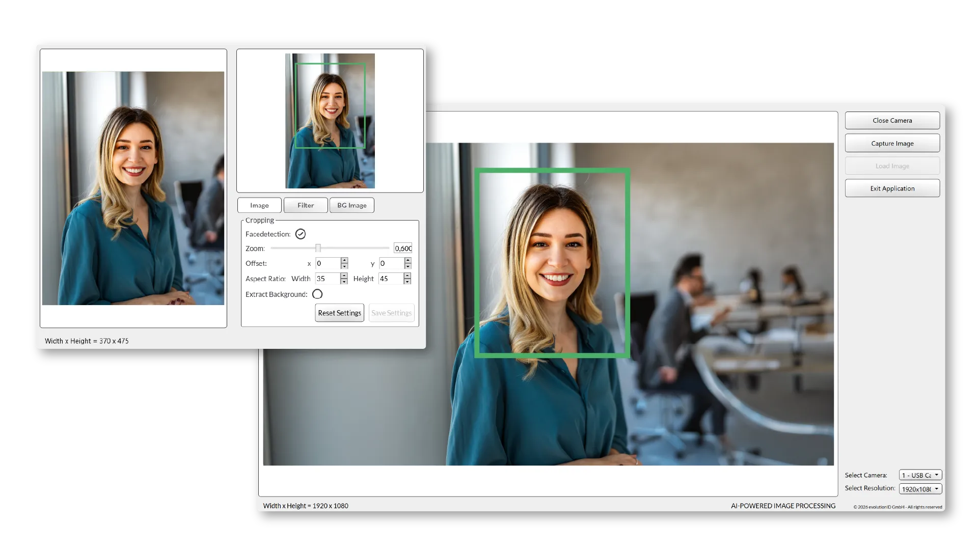 UI Interface of IDimage Client showing adjustments that can be made to a photograph. Including Removing background, email settings, brightness, saturation and contrast.
