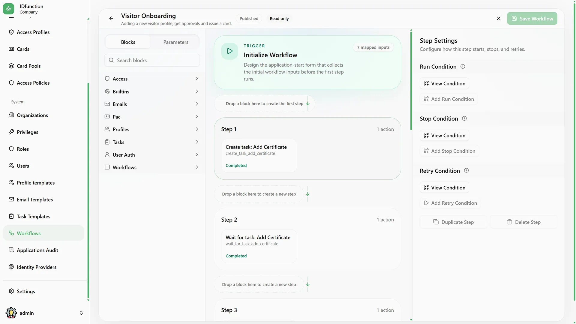 Besucher-Onboarding-Workflow mit Schritten zum Zertifikat hinzufügen und Aufgabenstatus auf einem Software-Dashboard.