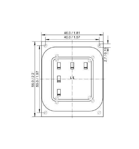 Technische Zeichnung einer quadratischen Antennenhalterung mit genauen Abmessungen in Millimetern und Zoll, zeigt Breite von 56 mm, Höhe von 56 mm, Innengröße von 40 mm und andere Details.