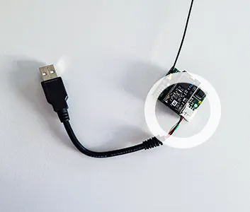 Kleines elektronisches Modul mit USB-Kabel und einer Antenne, zu sehen auf weißem Hintergrund.