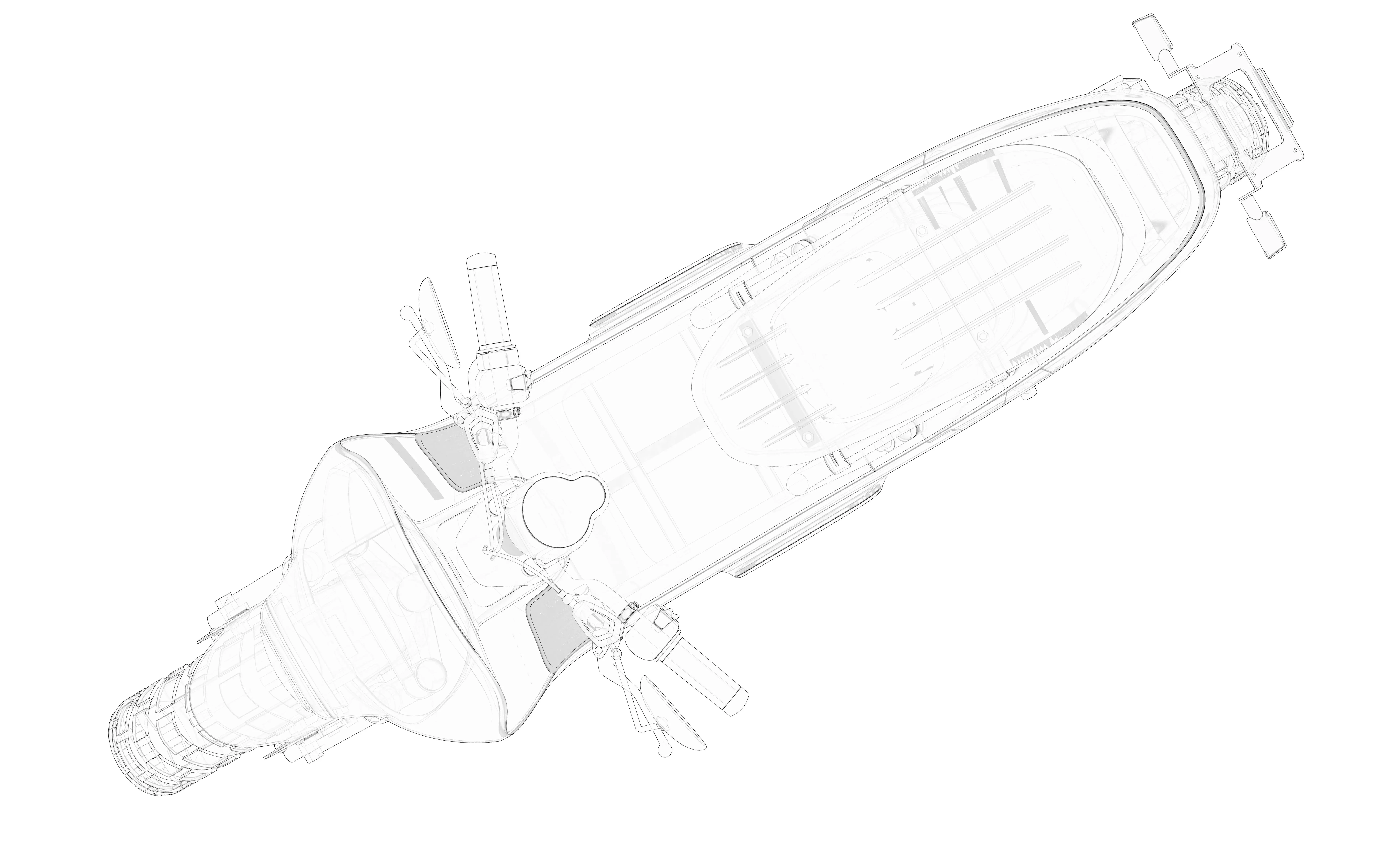 3D wireframe top view of a motor scooter showing its structural design and components.