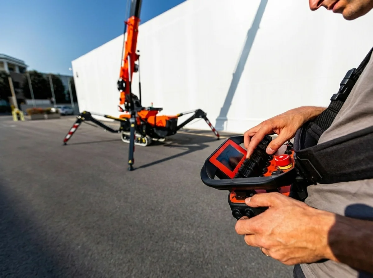 Person operating an orange spider crane using a handheld remote control on an outdoor paved area.