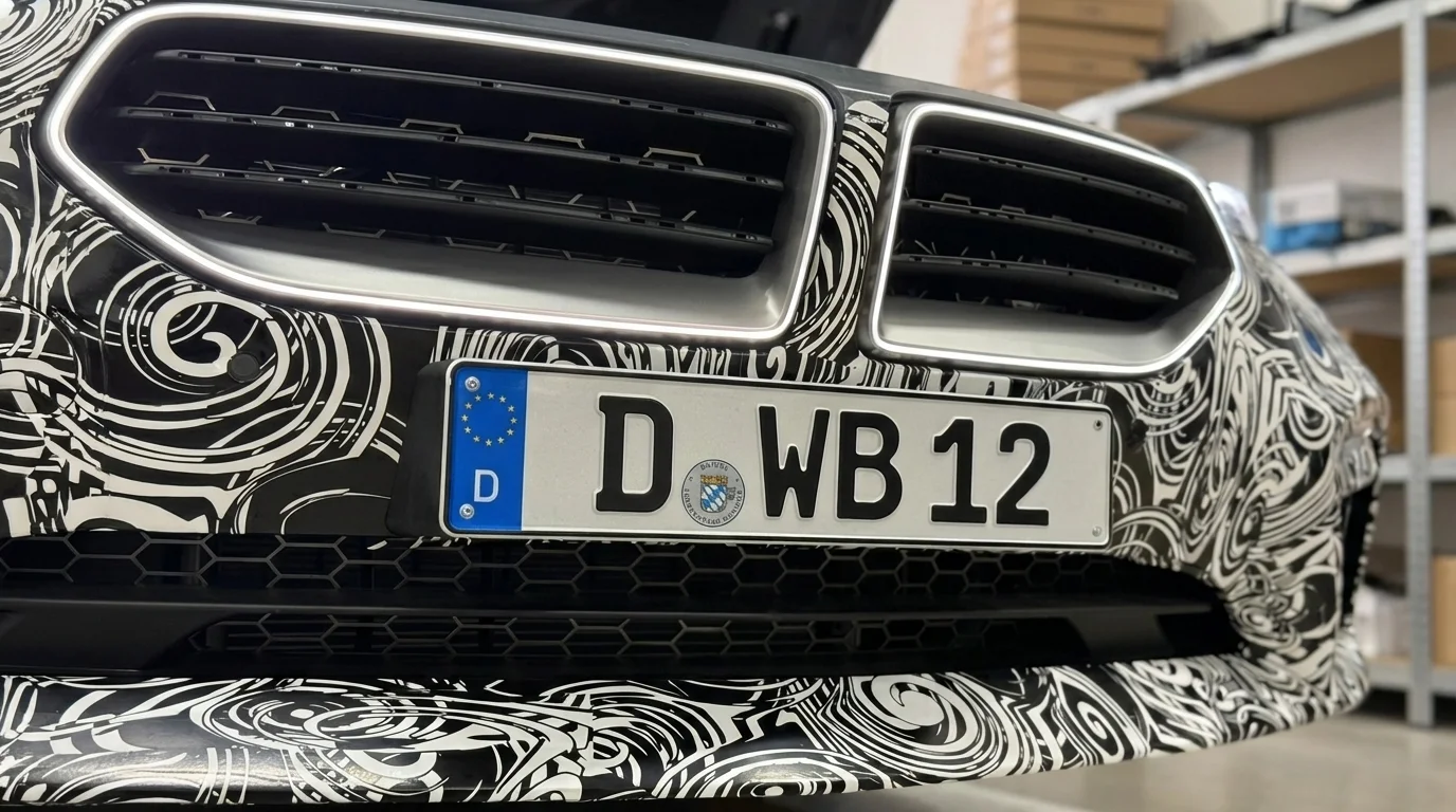 Nahansicht eines schwarzen Autos mit weiß-schwarzen Wirbelmustern und deutschem Nummernschild M CI 4467.