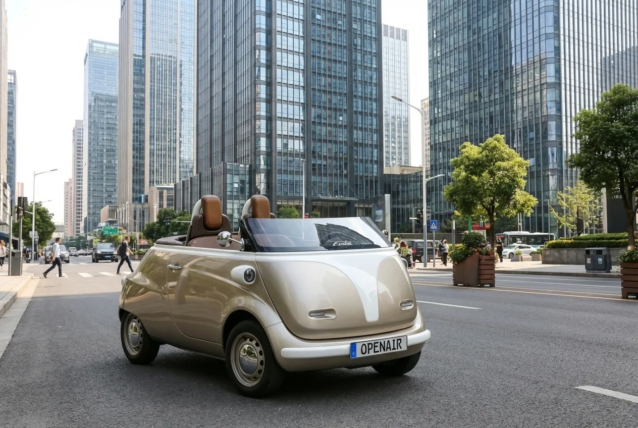 Kleines goldfarbenes Cabrio-Auto mit offenem Dach auf einer Straßenkreuzung in einer Stadt mit Wolkenkratzern.