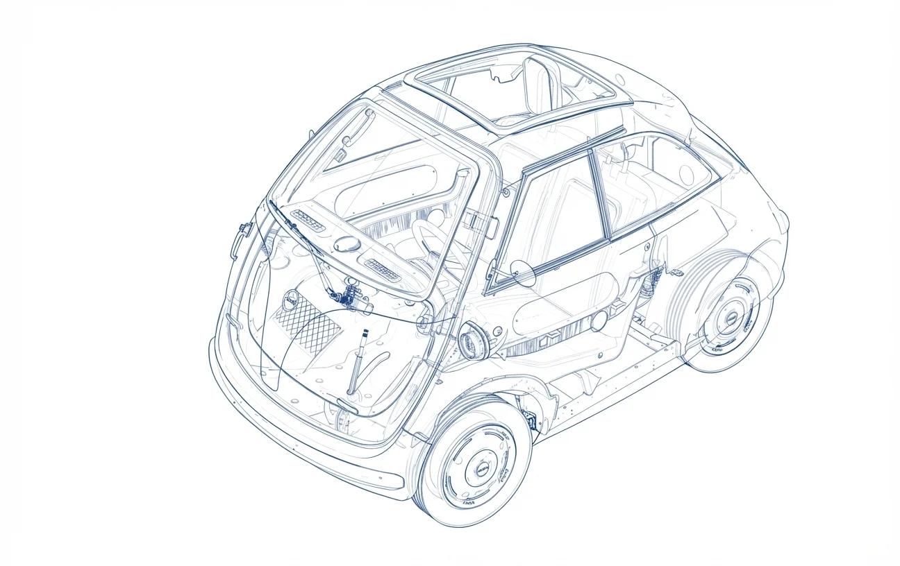 Transparente technische Zeichnung eines kompakten Autos mit sichtbaren Innenraum- und mechanischen Details.