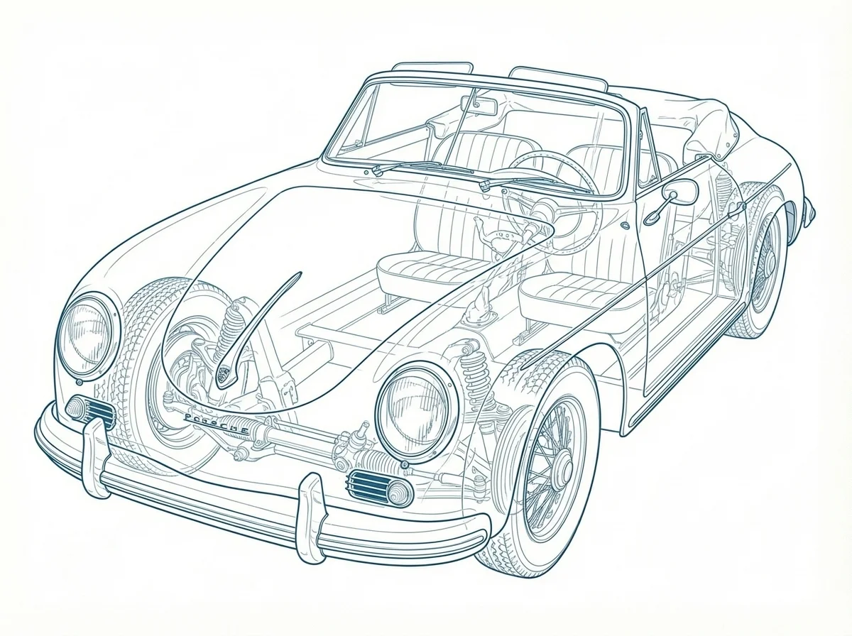 Technical line drawing of a Porsche 356 convertible showing exterior and interior mechanical details.