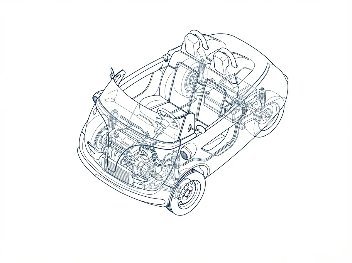 Schematische Draufsicht auf das Innere eines kleinen Autos mit sichtbarem Motor, Sitzen und mechanischer Ausstattung.
