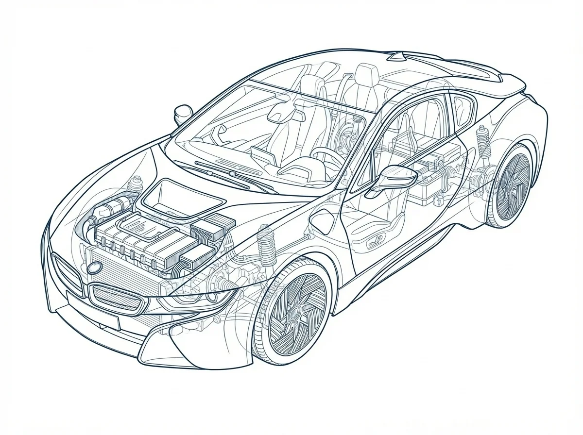 Technical line drawing of a transparent car showing internal components like engine, battery, seats, steering wheel, and suspension.