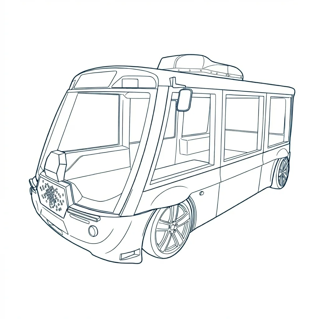 Line drawing of a futuristic autonomous vehicle with large windows and a roof-mounted sensor.