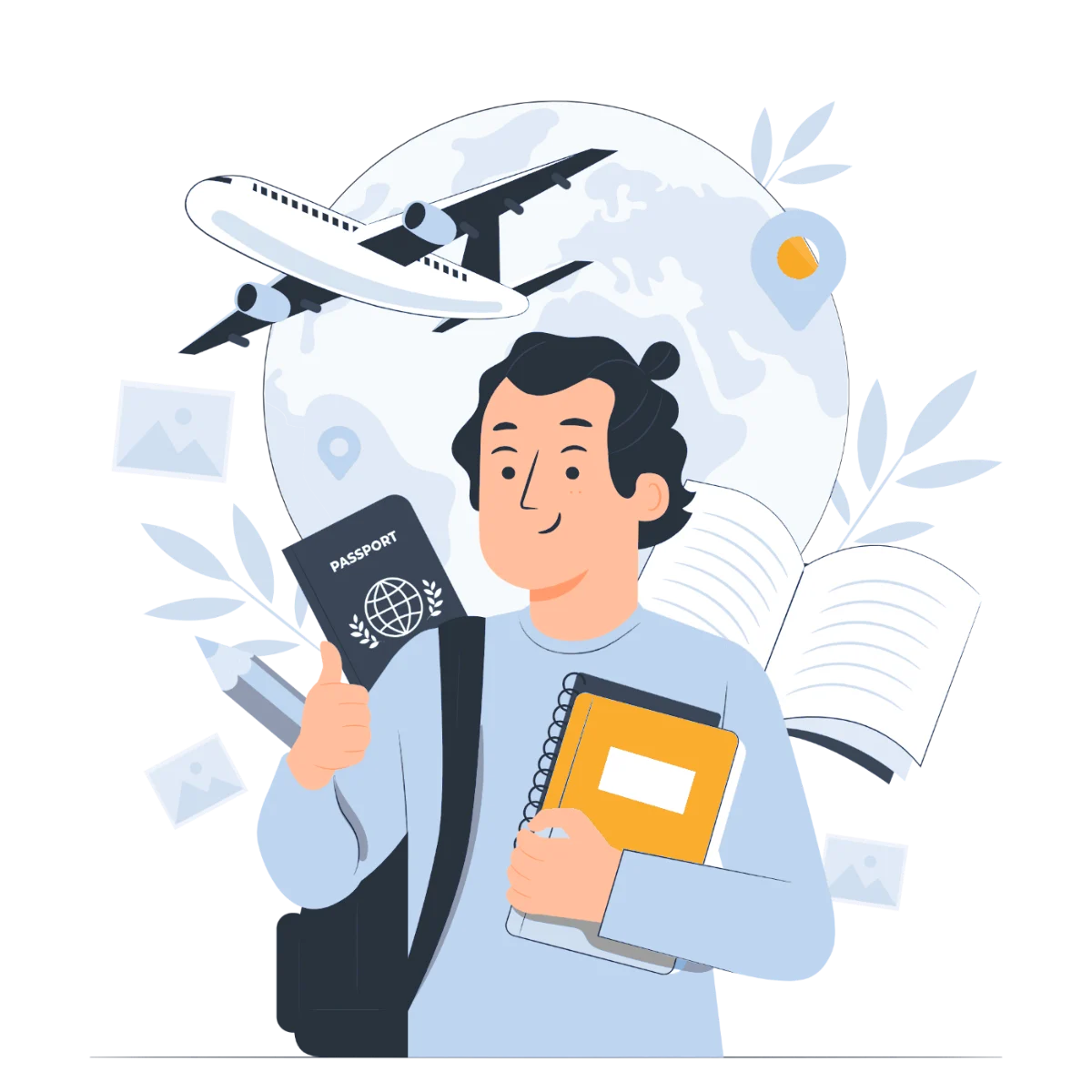 Illustration eines Studenten mit Reisepass und Notizbuch