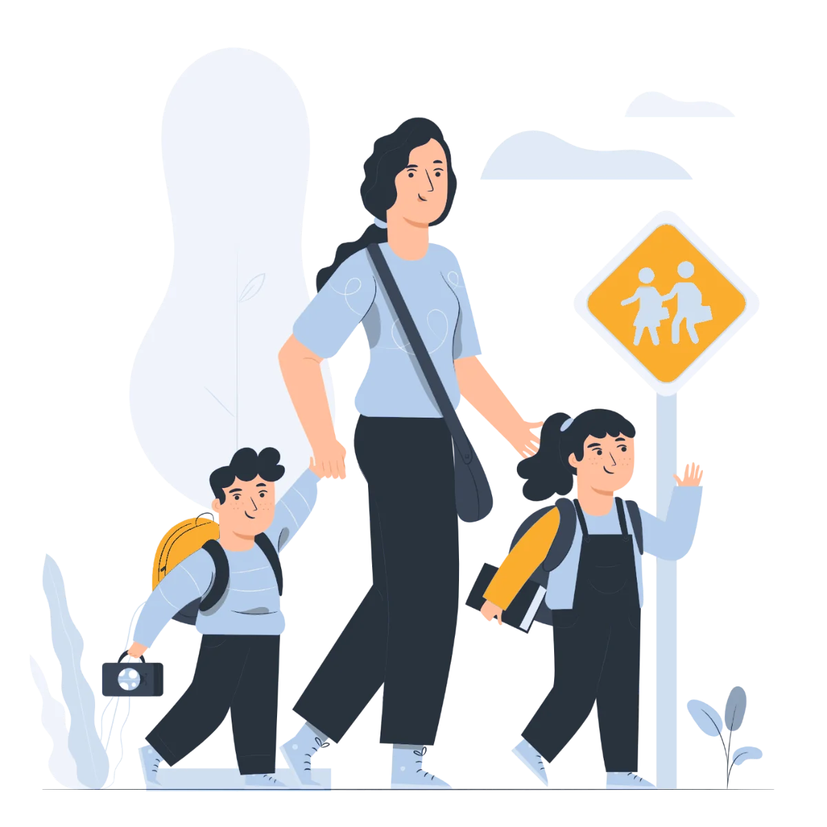 Illustration eines Au-Pairs, das zwei Kinder zur Schule bringt