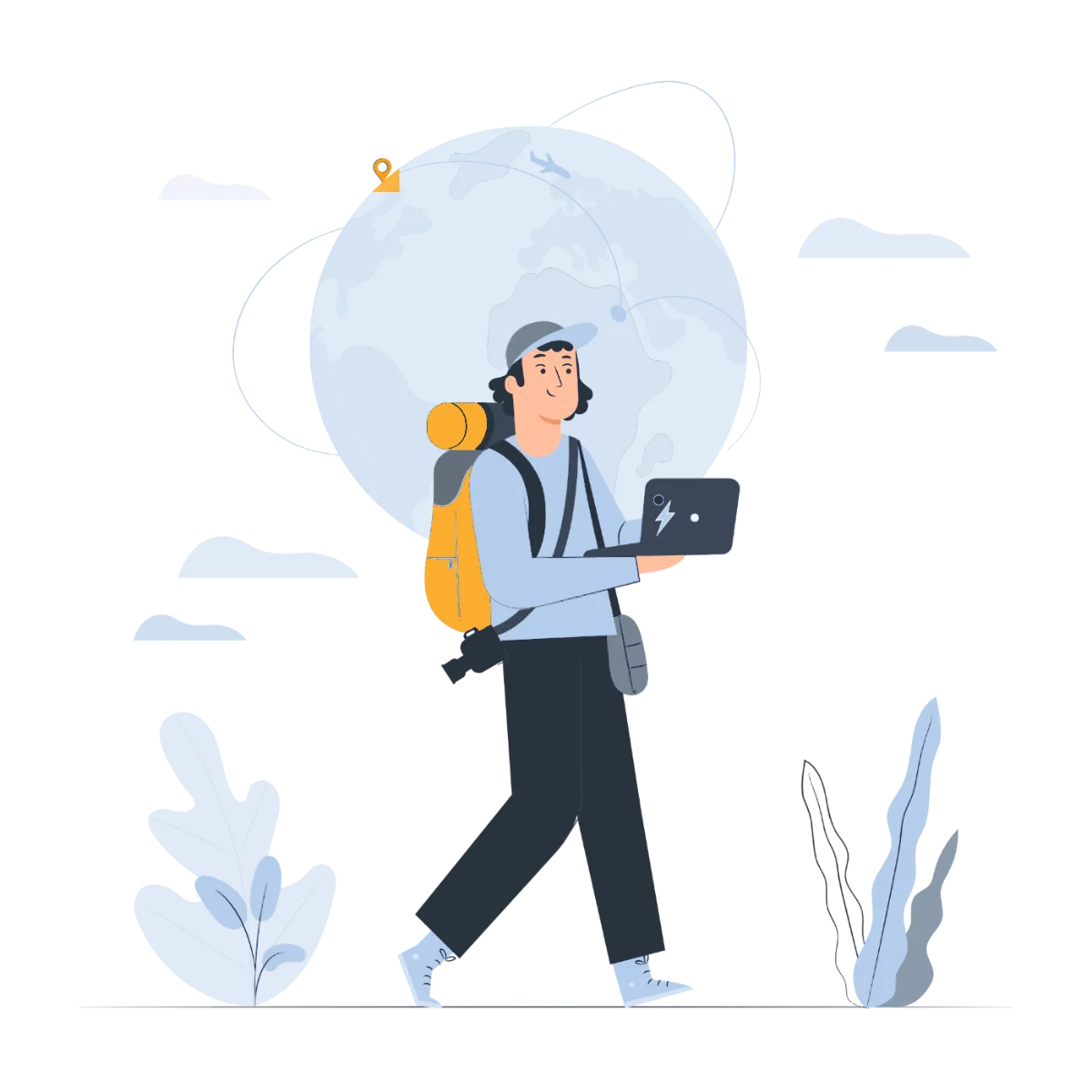 Illustration eines Rucksackreisenden mit Laptop