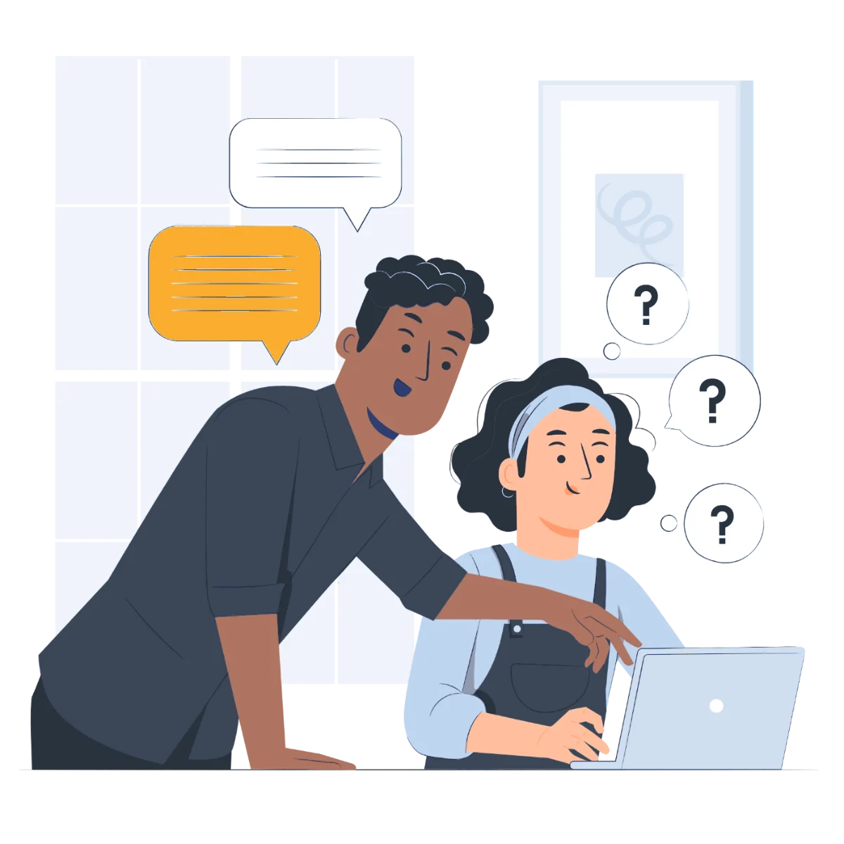 Illustration eines Mentors und einer Praktikantin am Laptop