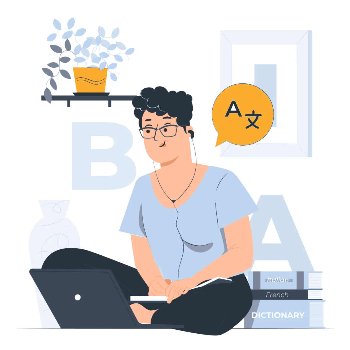 Illustration eines Sprachschülers beim Lernen am Laptop