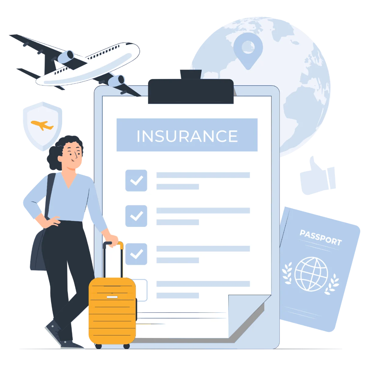 Illustration of a traveler with a suitcase and passport