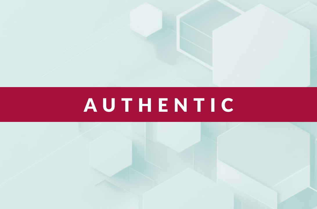 Word AUTHENTIC in white capital letters on a horizontal dark red band over a light blue background with translucent hexagonal shapes.