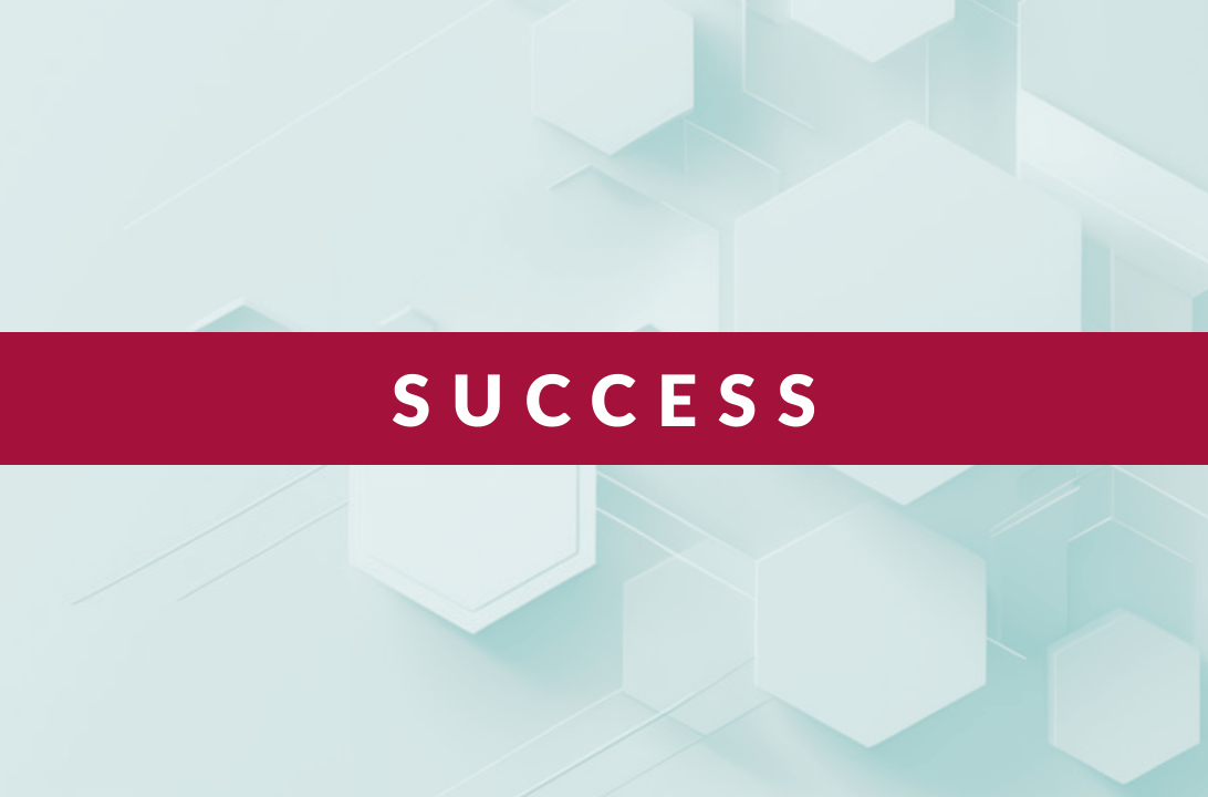 Word SUCCESS in white capital letters on a horizontal maroon banner over a light blue abstract hexagonal background.