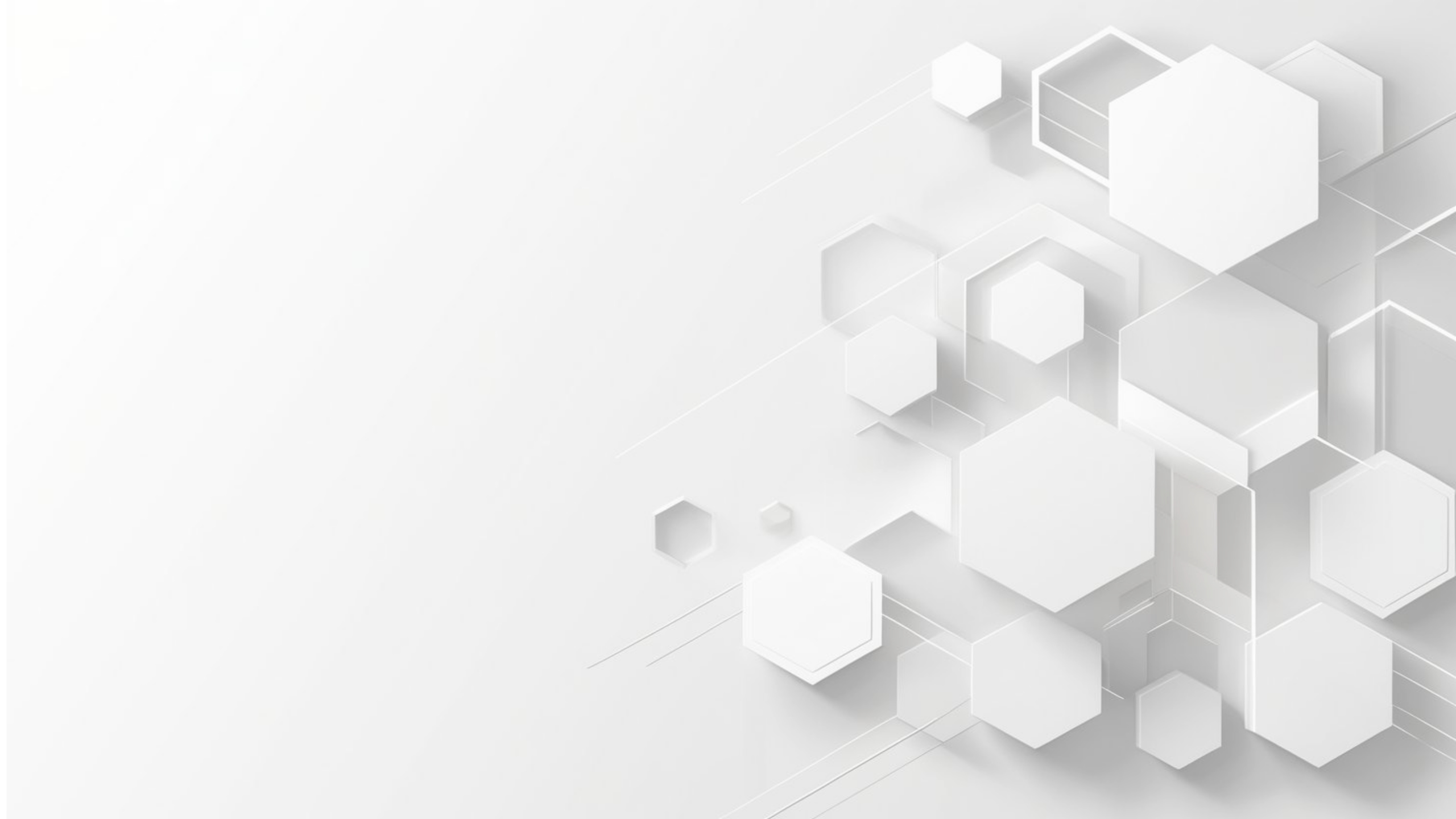 White 3D hexagonal shapes clustered with subtle shadows and thin lines on a light grey background.