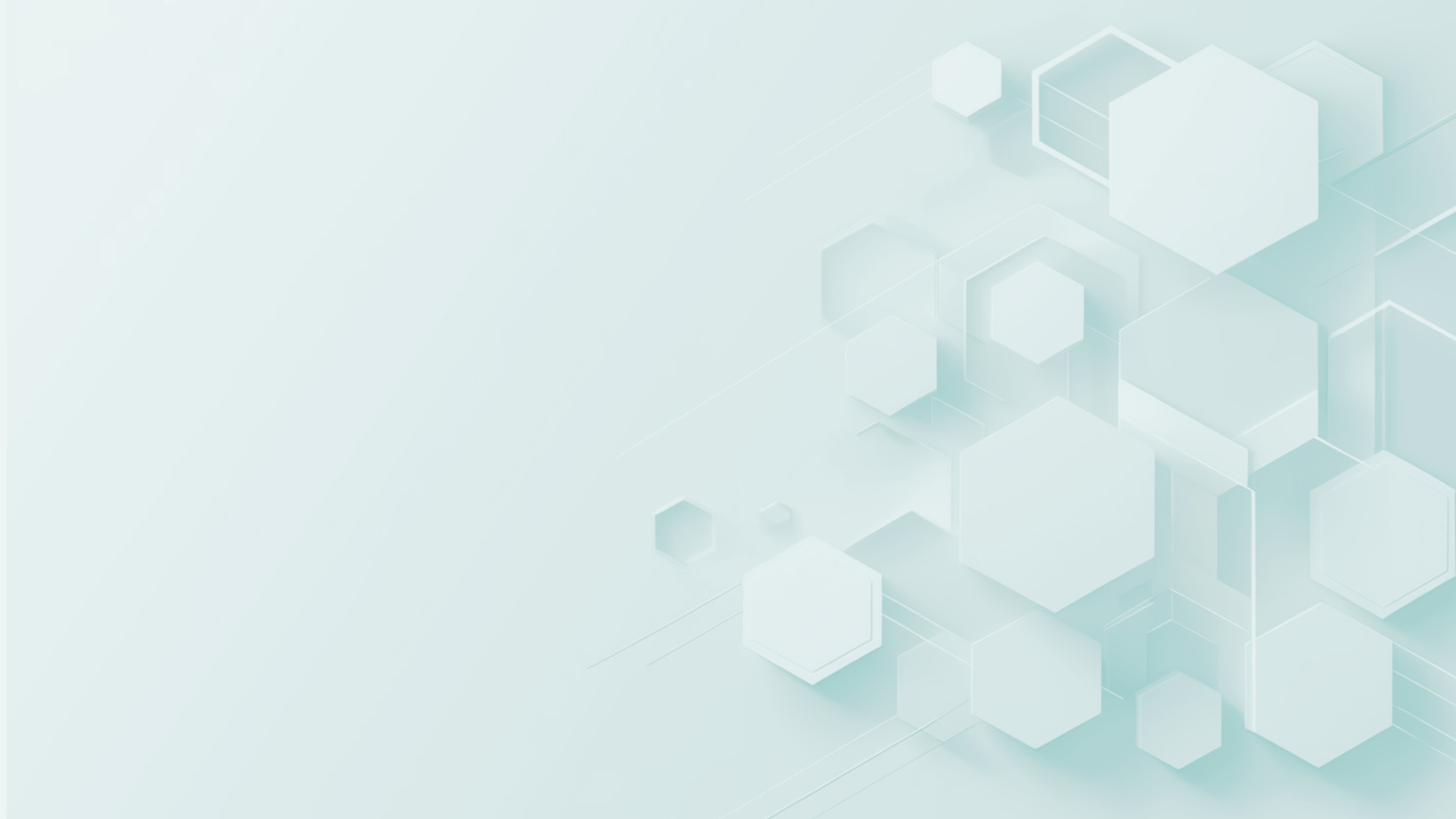 Abstract background with overlapping translucent hexagons in soft blue tones on the right side.