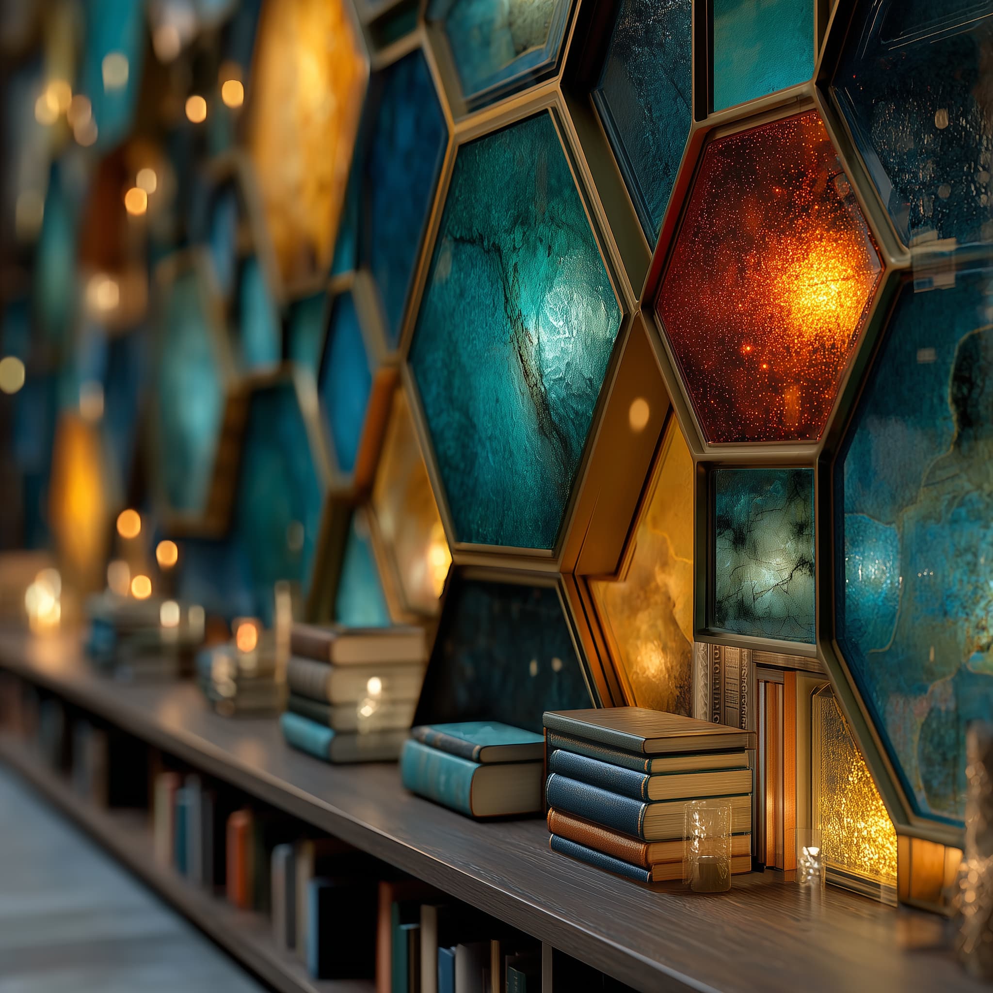 A library shelf with books and glowing teal glass blocks in the shape of hexagons.
