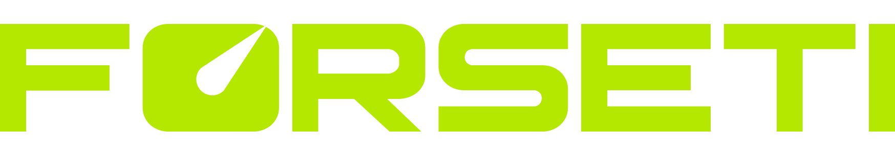 FORSETI text logo in bright green with a stylized letter O containing a diagonal cut.