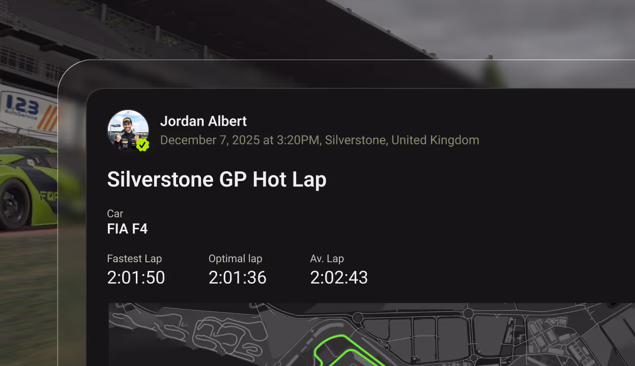User Jordan Albert posted a Silverstone GP Hot Lap for FIA F4 car on December 7, 2025, showing fastest lap 2:01:50, optimal lap 2:01:36, and average lap 2:02:43 with a track map.