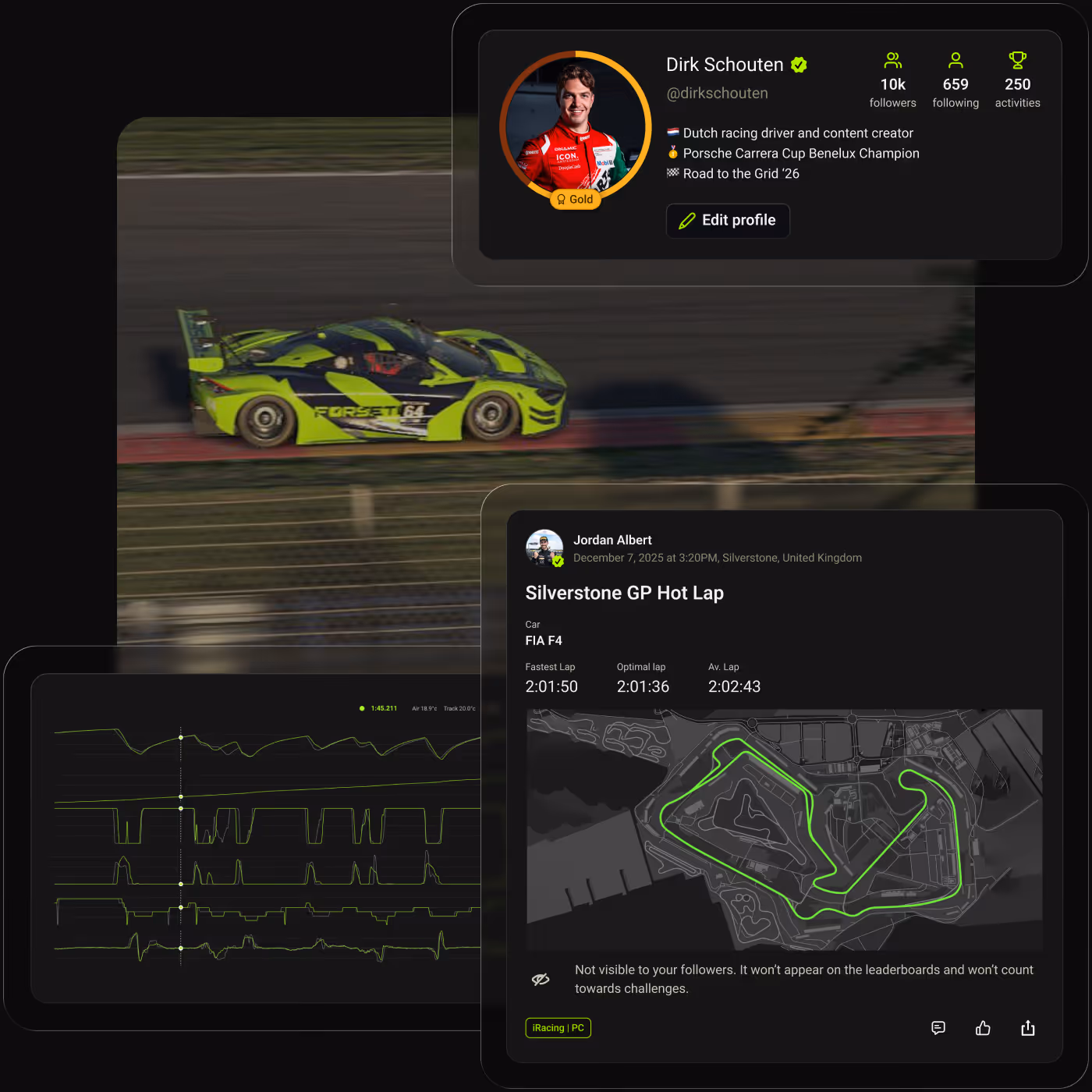 Yellow and black race car on track with overlays showing racer profile, lap time data, and a track map of Silverstone GP Hot Lap.