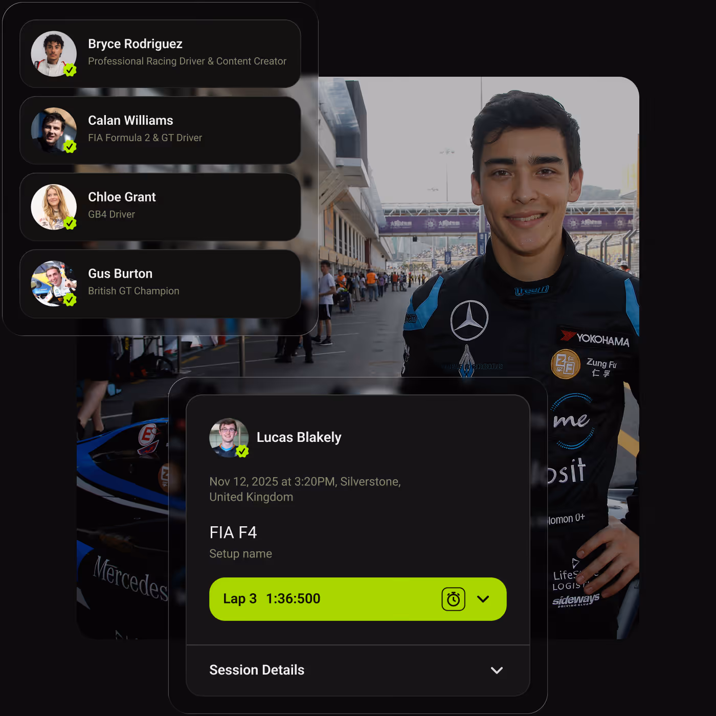 Race driver standing by a Mercedes car with a transparent panel showing verified profiles of racing drivers and a race lap time of 1:36:500 for Lucas Blakely.