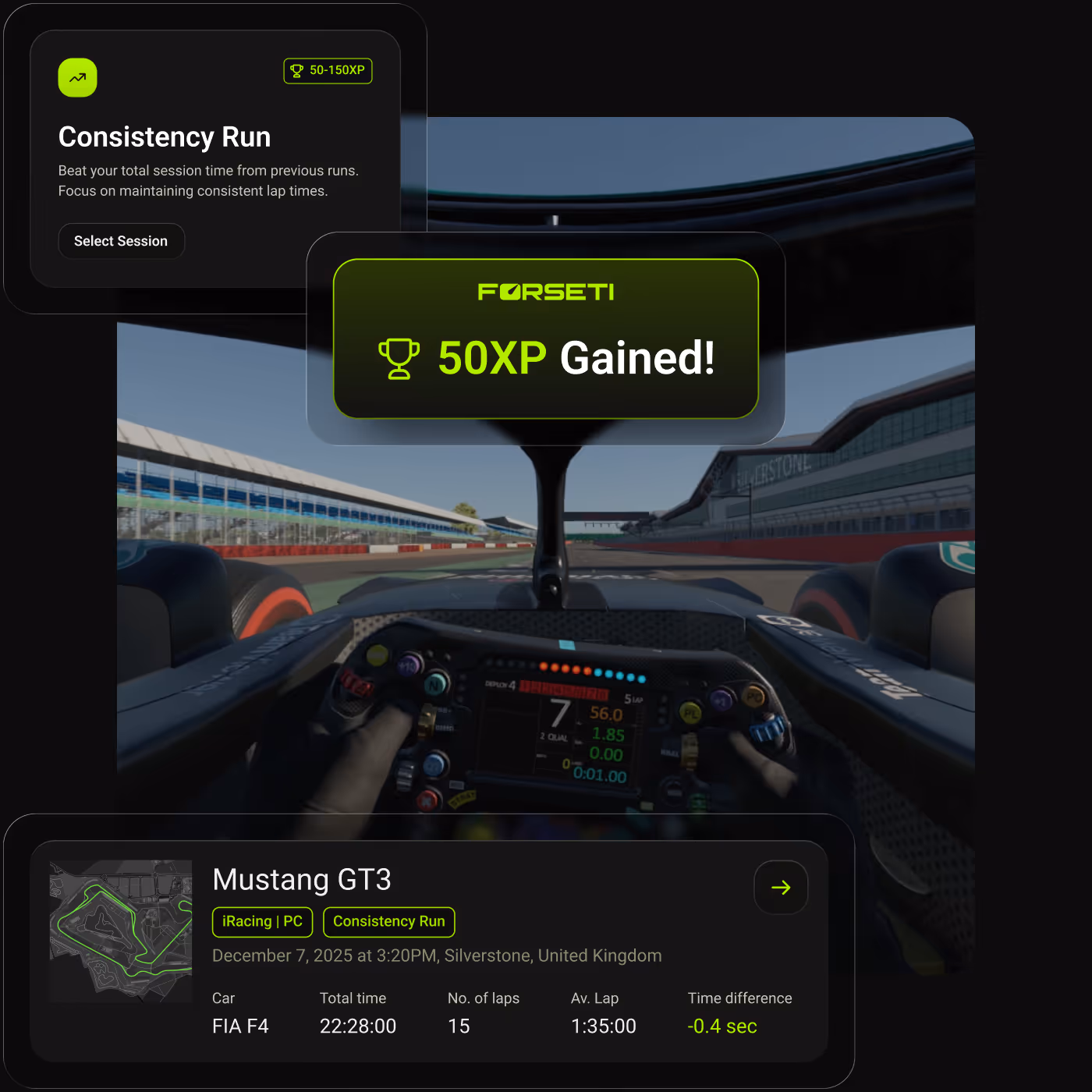 View from inside a race car cockpit on Silverstone track showing a racing game interface with 50XP gained notification, session details for Mustang GT3, FIA F4 car, 15 laps, 22:28 total time, and average lap time of 1:35.