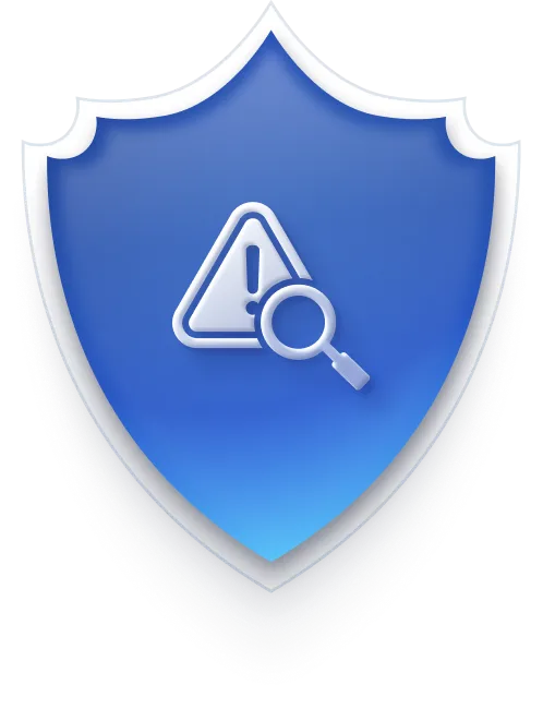Blue shield with a white border featuring a magnifying glass over a caution triangle with an exclamation mark.
