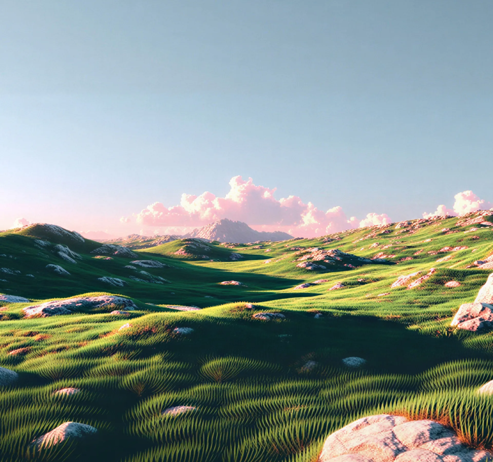 Rolling green grassy hills with scattered rocks under a clear sky with pink clouds and a distant mountain.