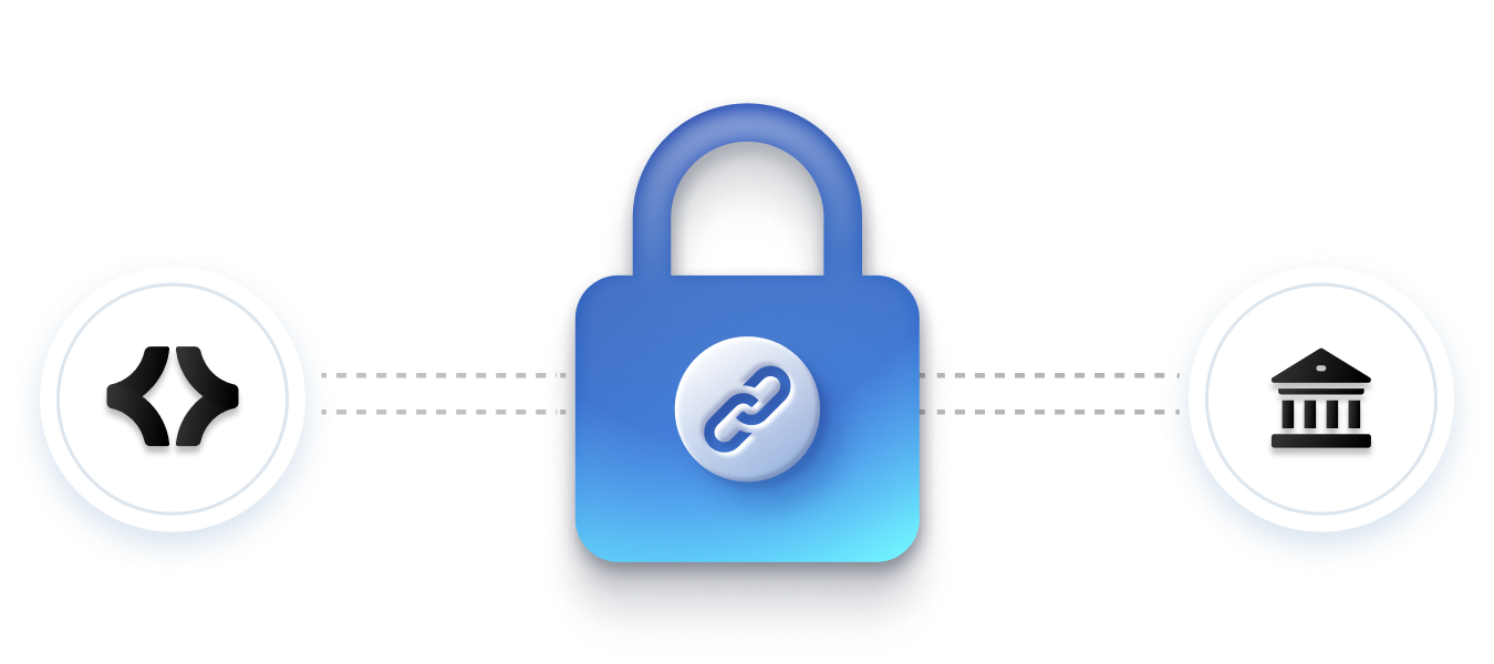 Blue padlock with a link icon in the center connected by dotted lines to a curly brackets icon on the left and a classical bank building icon on the right.
