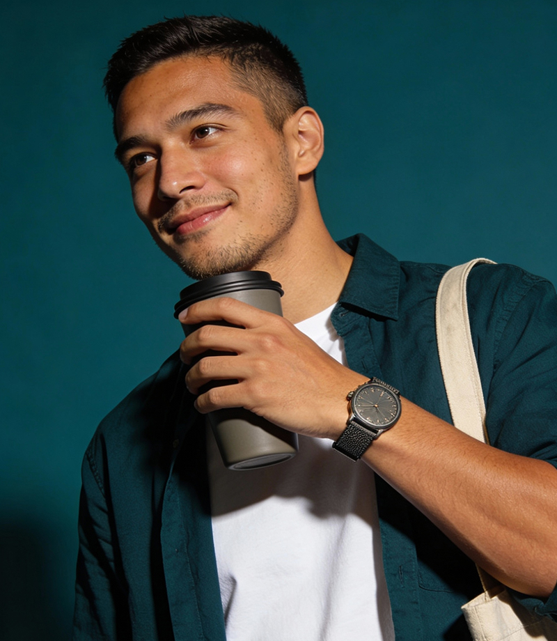 Smiling young man wearing a dark green shirt and white t-shirt holding a gray coffee cup with a black lid.