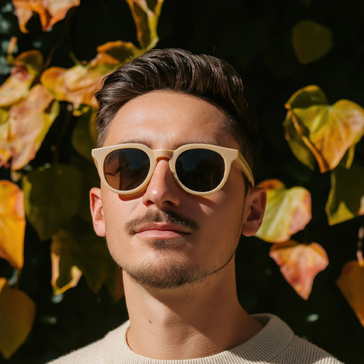 Man wearing beige sunglasses and a light sweater standing in front of green and yellow autumn leaves.
