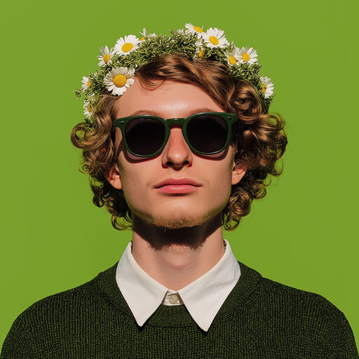 Young man with curly hair wearing green sunglasses and a daisy flower crown on a green background.