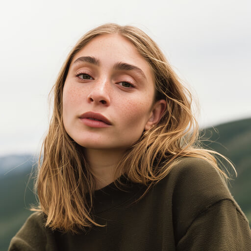Young woman with blonde hair, light freckles, and natural makeup wearing an olive green sweater outdoors with a blurred natural background.