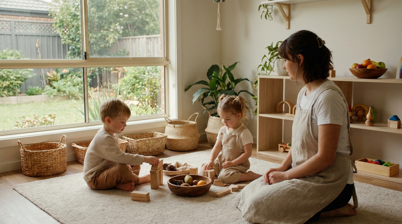 A woman and two young children sitting on a carpet playing with wooden blocks in a cozy room with large window and plants.