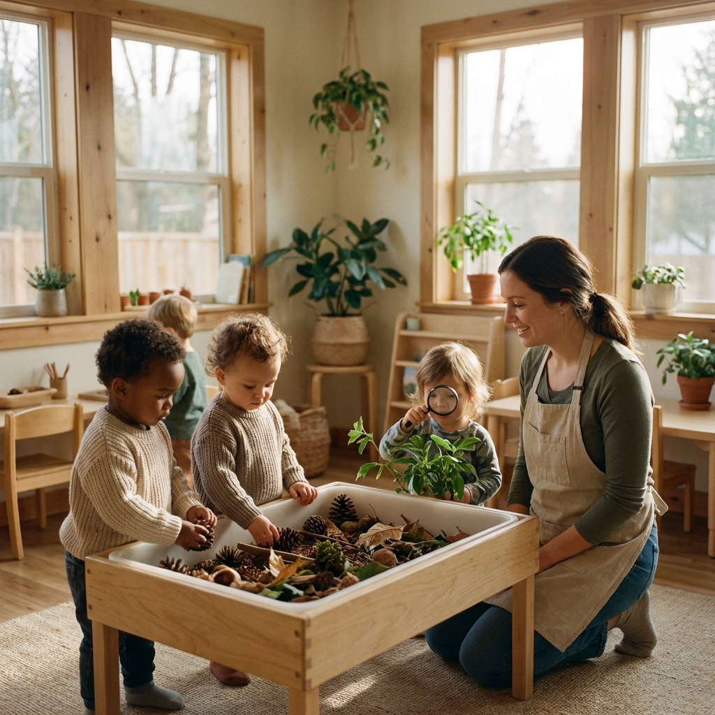 Three toddlers exploring pinecones and leaves in a sensory table with a female teacher in a sunlit classroom.