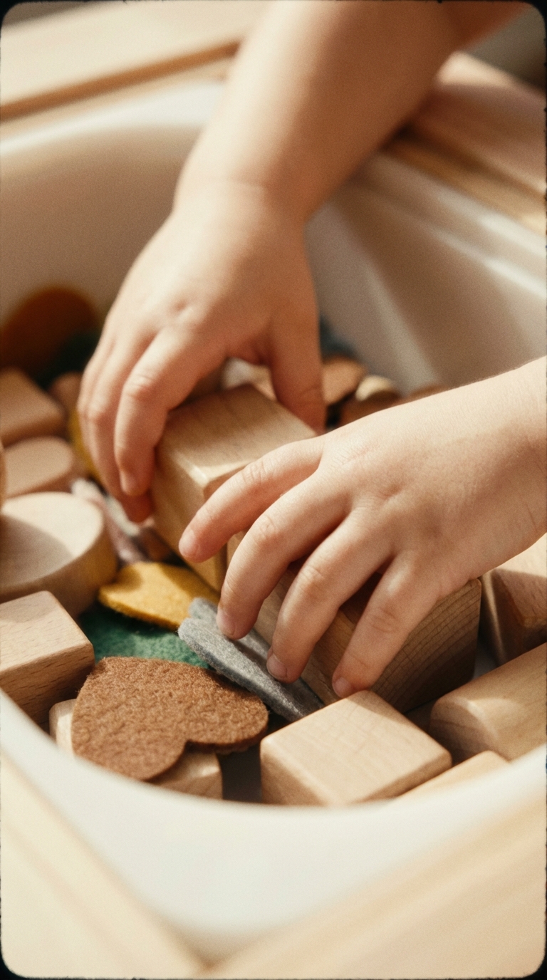 Child's hands playing with wooden blocks and felt shapes in a white container.