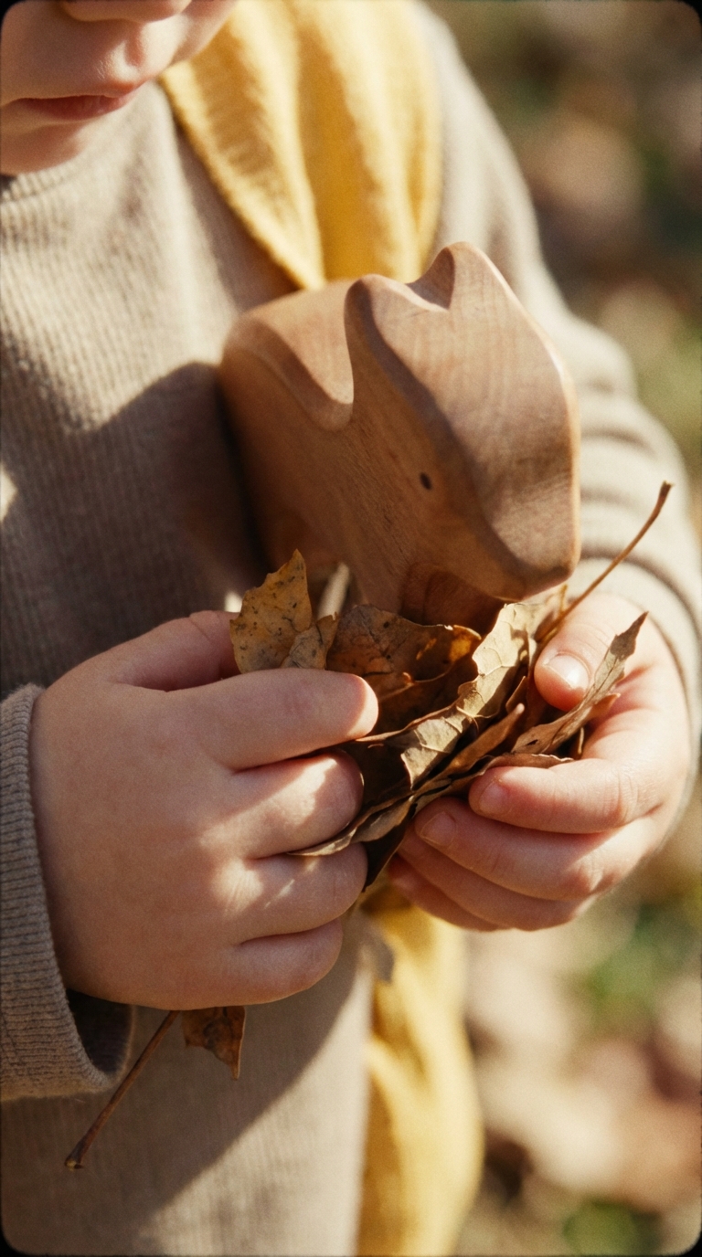 Child wearing a beige sweater holding dried leaves and a wooden rabbit toy.