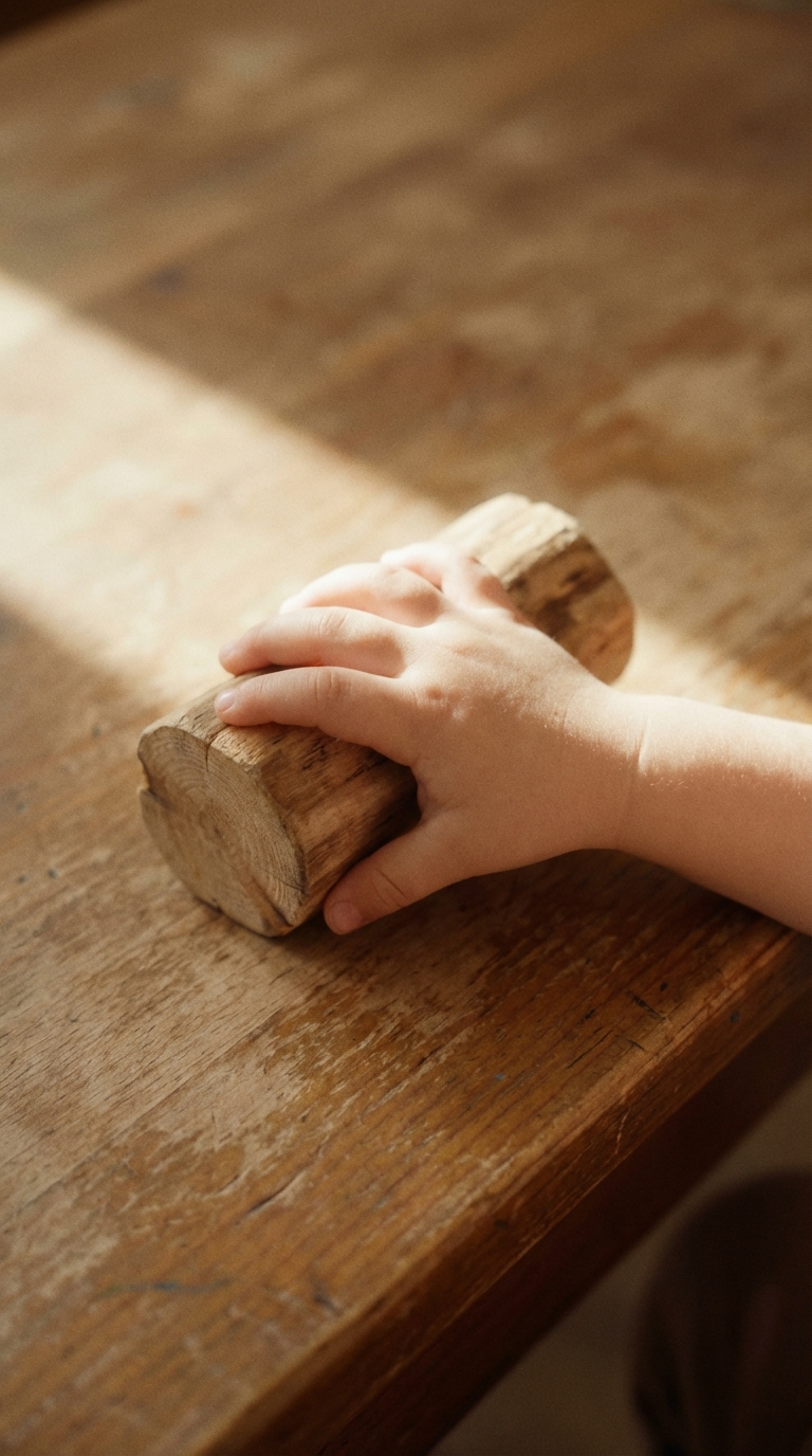 Child's hand resting on a small piece of cut firewood on a wooden table.