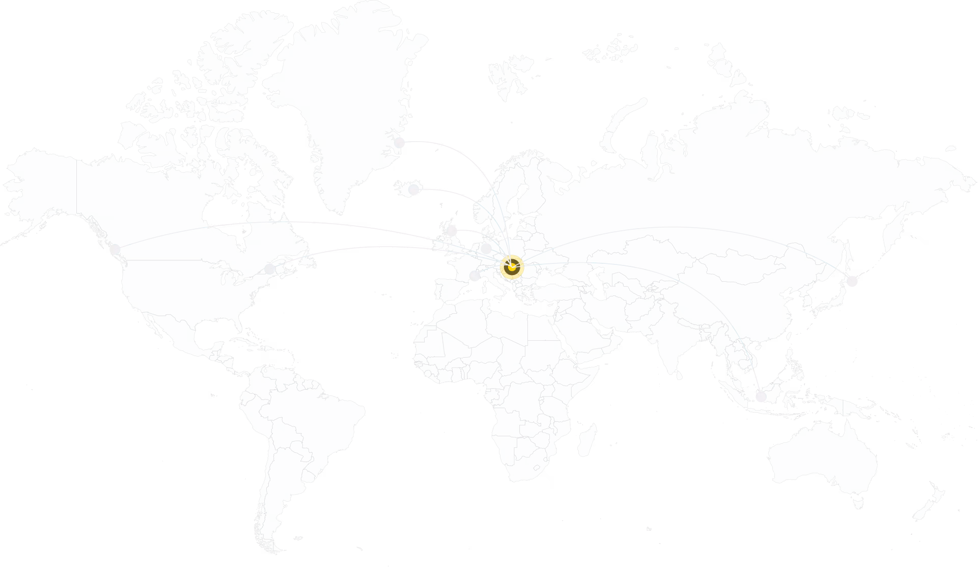 World map with lines connecting central Europe to North America, Asia, and Australia, intersecting in Budapest, Hungary.