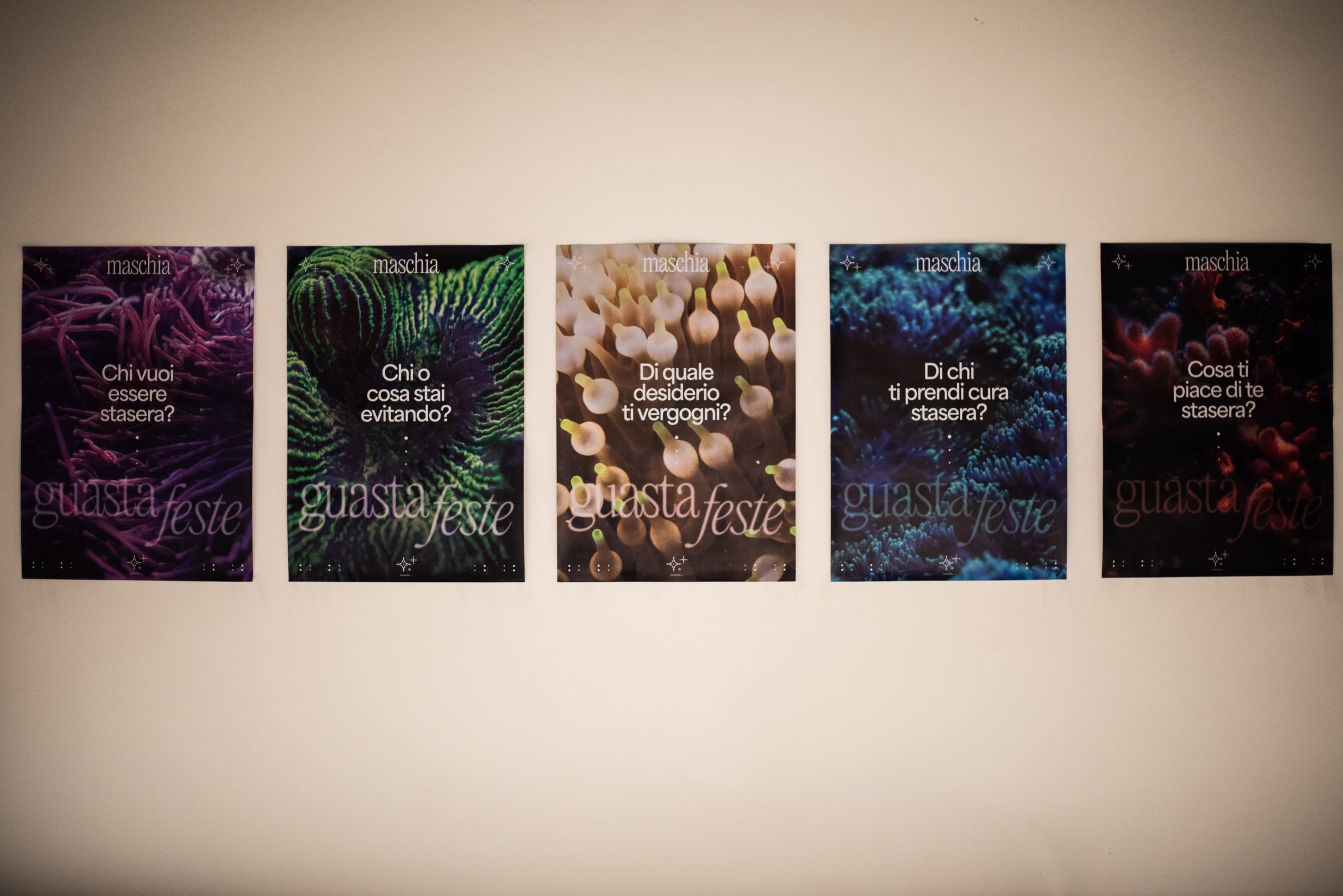 Serie di cinque poster appesi a una parete, con immagini naturali e brevi domande