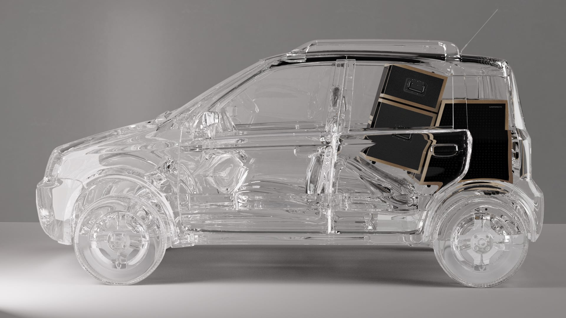 Rendering di un'auto trasparente con casse audio in legno e metallo nel bagagliaio
