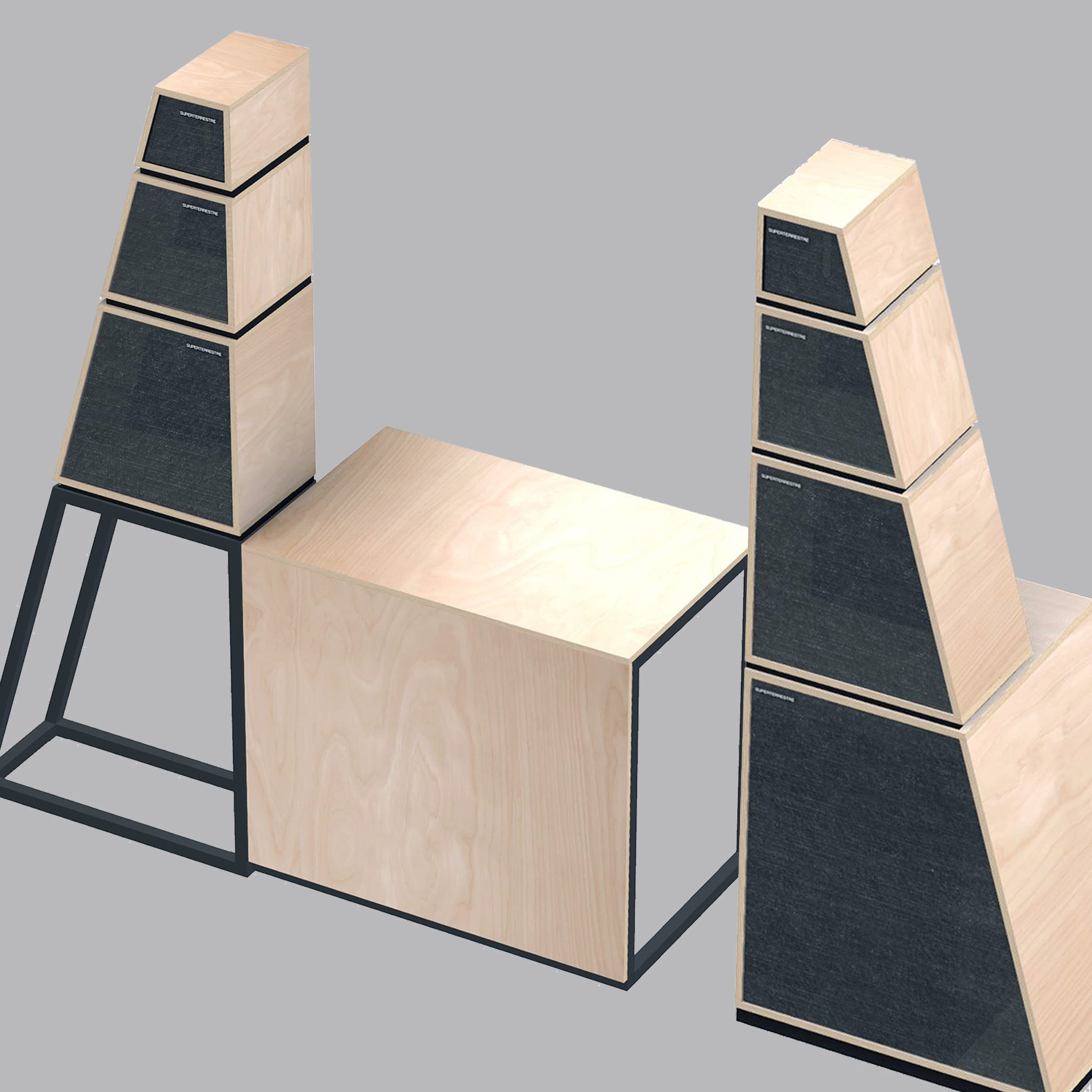 Rendering di torri di casse audio su telaio metallico, con un modulo centrale in legno