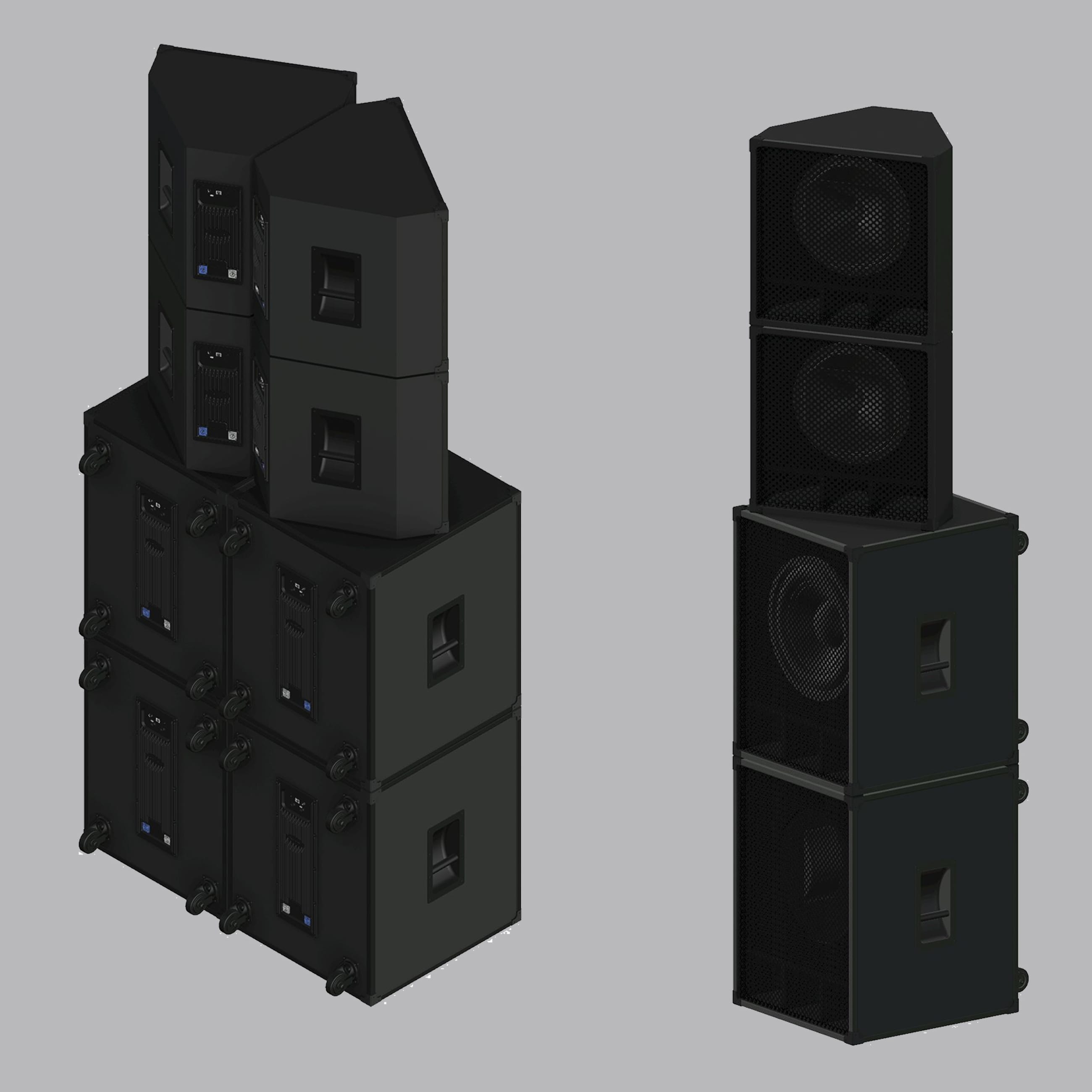 Rendering di casse audio nere impilate in due gruppi di diverse dimensioni
