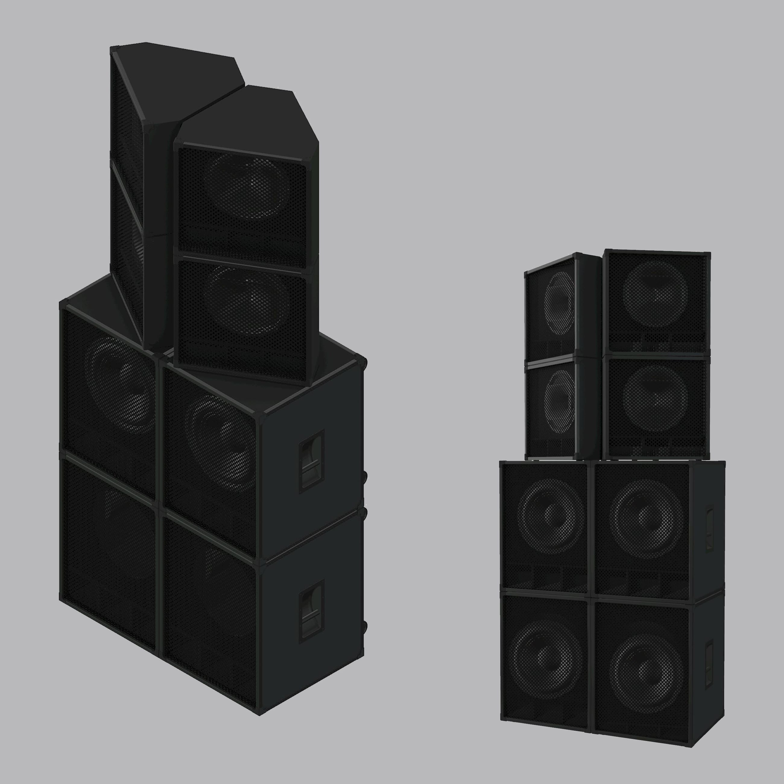 Rendering di due gruppi di casse audio nere impilate, con altoparlanti a vista