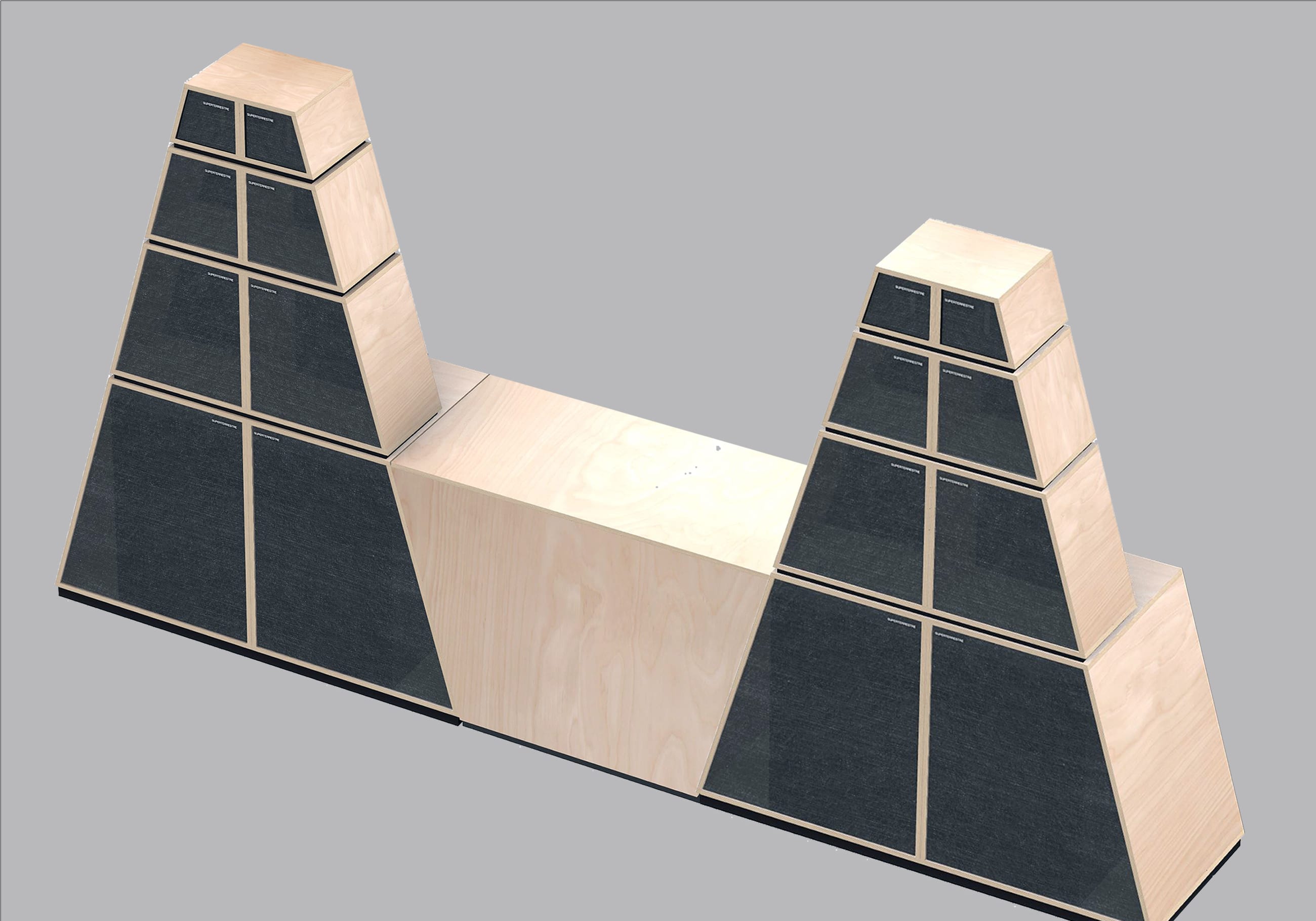 Rendering di due torri di casse audio collegate da un modulo in legno chiaro