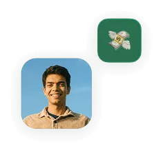 Joven sonriendo con camisa beige sobre fondo azul y un ícono de billetes de dinero con alas.